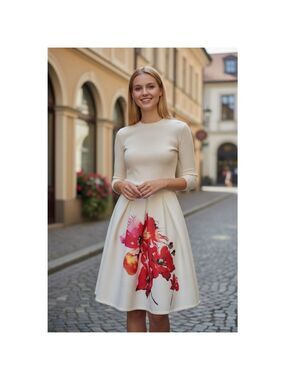 Love Nation Cream Red Floral Pleated Midi Skirt Size M